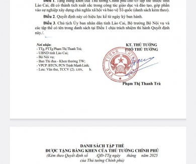 Trường THCS Lương Sơn - Xã Bảo Yên - Tỉnh Lào Cai vinh dự đón nhận Bằng khen của Thủ tướng Chính phủ